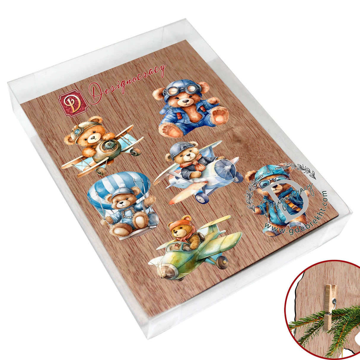 Aviator Teddy Bear Decorative Wooden Clip-on Ornaments of 6 by G. Debrekht - Christmas Decor - 8090010C-S6
