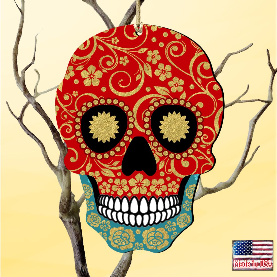 Day of the Dead Decorated Skull Wooden Ornaments by G. DeBrekht - Thanksgiving Halloween Decor - 8198443-2