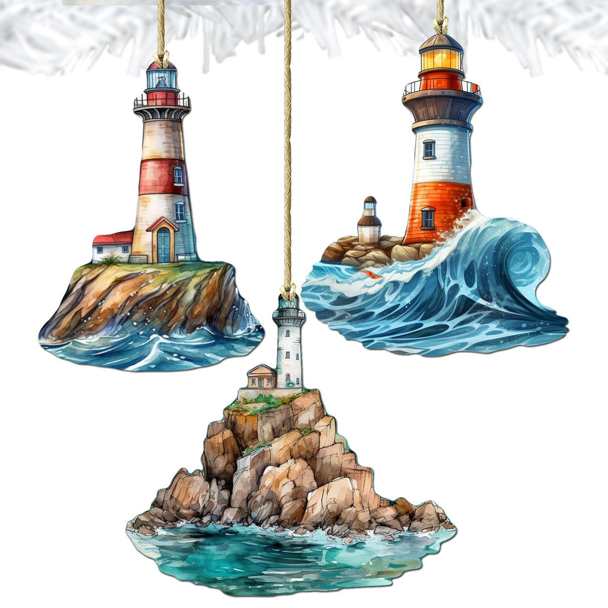 Lighthouse Decorative Wooden Ornaments Set of 3 by G. Debrekht - Coastal Decor - 8091022-S3