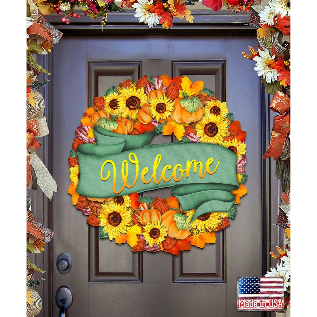 Corona de flores otoñales para puerta de G. DeBrekht - Decoración para Acción de Gracias y Halloween - 8185305-2H