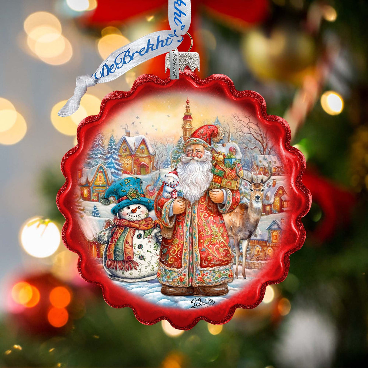 Merry Christmas Wreath Glass Ornament by G. Debrekht - Christmas Santa Snowman Decor - 759-058