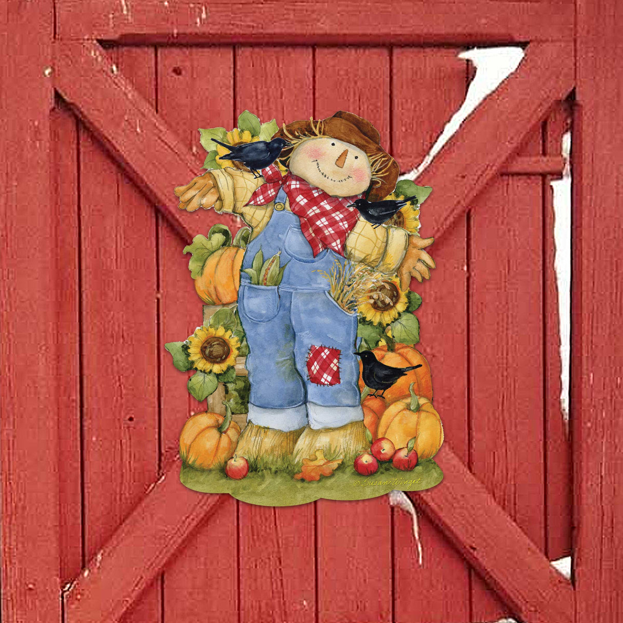 Decoración otoñal para puerta de entrada: Letrero de espantapájaros de la cosecha - Cornucopia - Regalo rústico hecho a mano, adorno otoñal de Susan Winget - 8471211H-SW