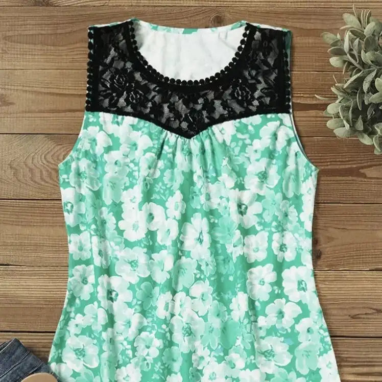 Ladies' Fashionable Casual Solid Color Printed Lace Collar Vest Top - Lootquake