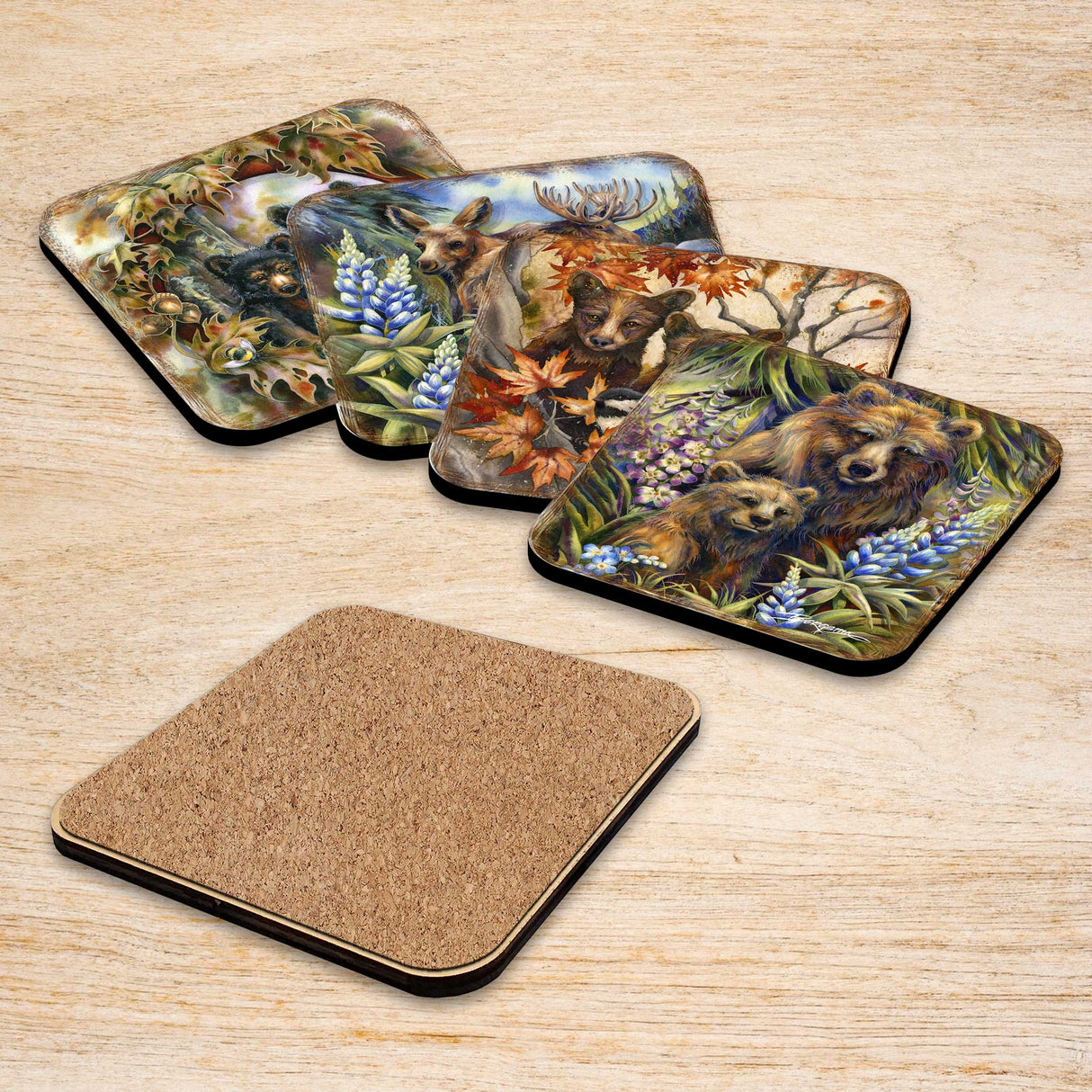Forest Friends Wooden Cork Coasters Gift Set of 4 by J. Bergsma - Wildlife Decor - 8199455C-S4