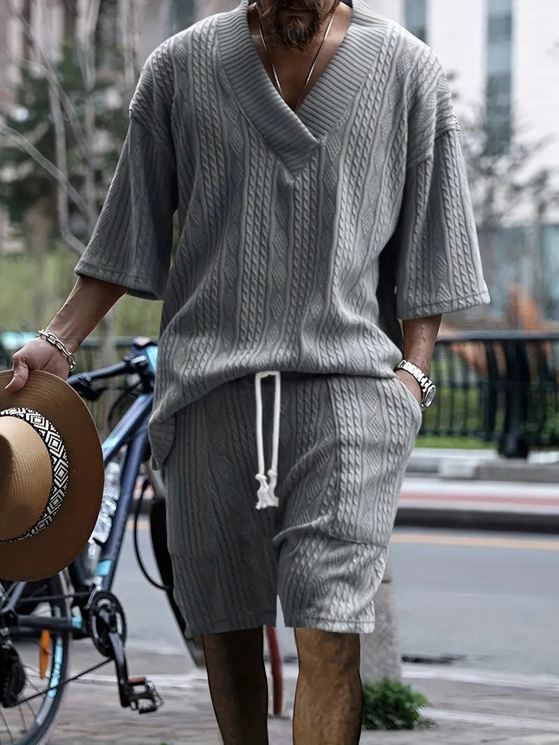 2pcs Men's Jacquard Solid Short Sleeve V Neck Shirt & Matching Drawstring Shorts Set, Summer Leisure Clothing - Lootquake