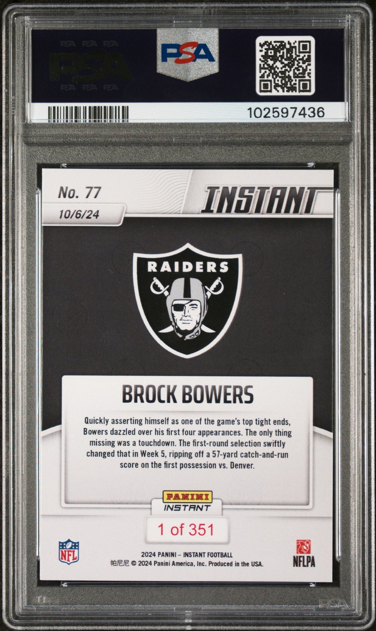 Tarjeta de fútbol americano de la NFL Panini Instant Brock Bowers #77 Rookie RC, calificada en 2024, PSA 10 Gem Mint