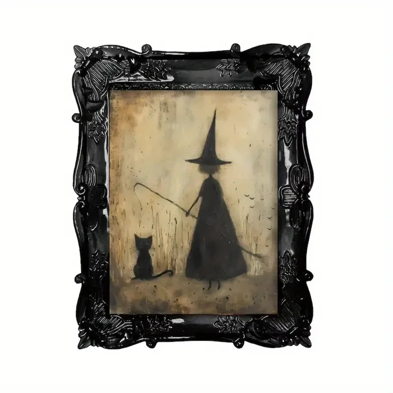 Decoración de pared de fiesta gótica de Halloween espeluznante, lienzo sin marco de 30 x 40 cm con murciélagos, brujas y gatos negros para sala de estar, dormitorio y baño.