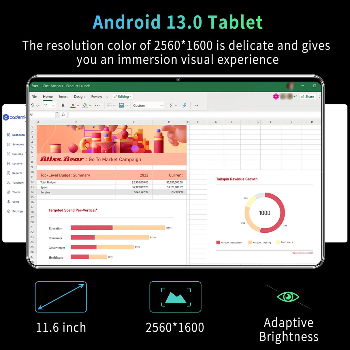 2024 New 5G Tablet 11.6 inch Android 13.0 Phablet MTK6797 16GB RAM 1TB ROM Tablet PC Dual Cameras Dual sim card Wifi Type-c
