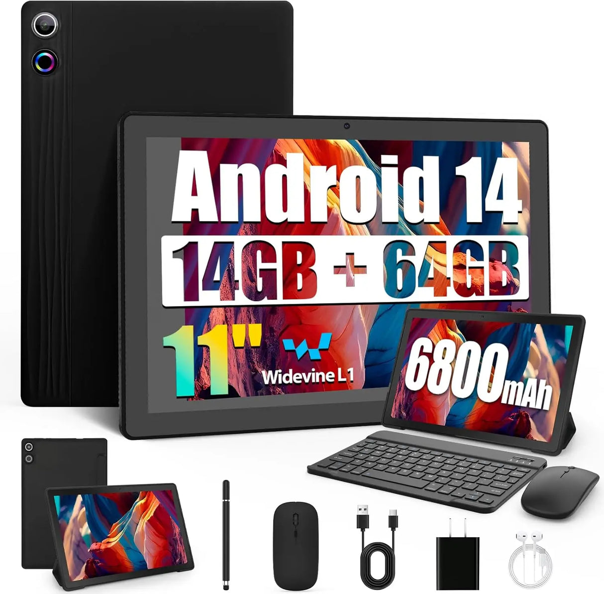 Tableta A7L de 10,1 pulgadas con Android 14, 14 GB de RAM, 64 GB de ROM, procesador de ocho núcleos, HD IPS, WiFi, funda protectora, lápiz, teclado, ratón, auriculares, PC