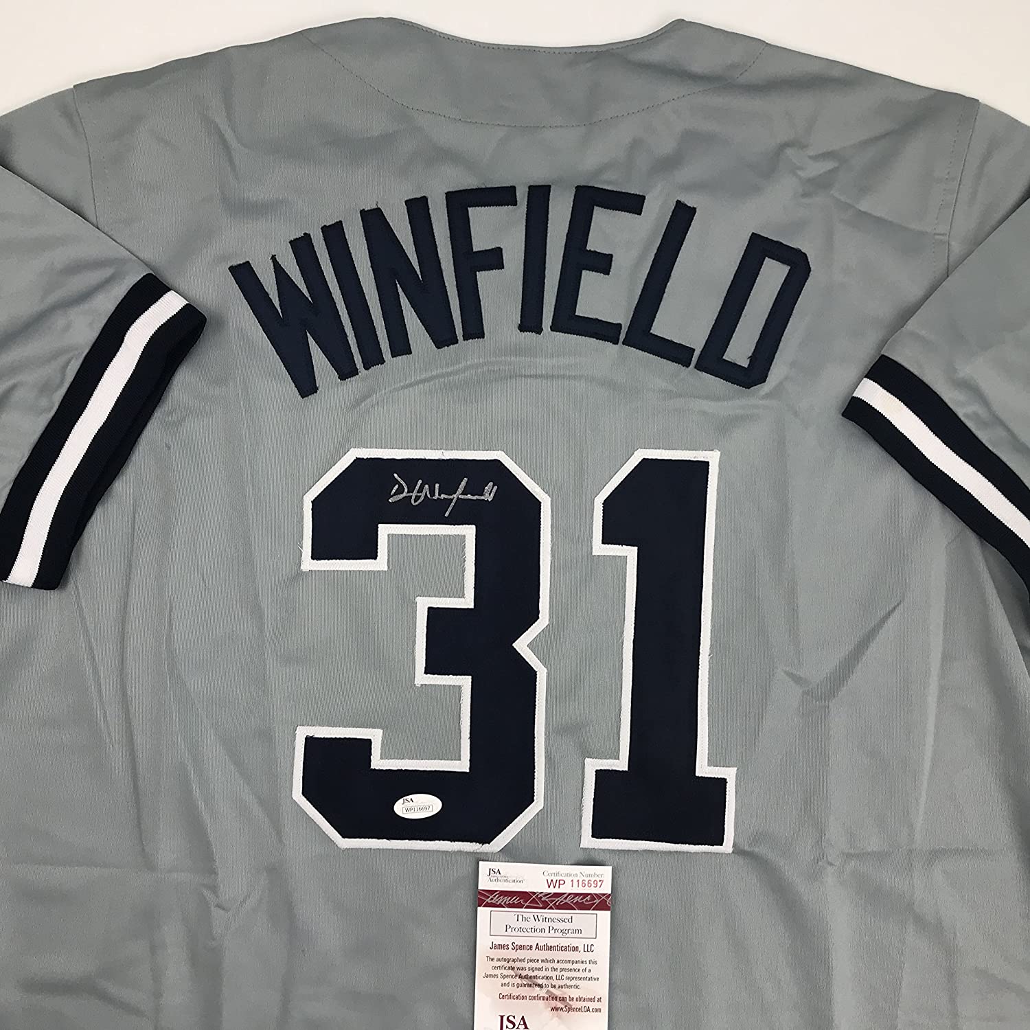 Camiseta de béisbol gris de Nueva York autografiada/firmada por Dave Winfield (JSA COA)