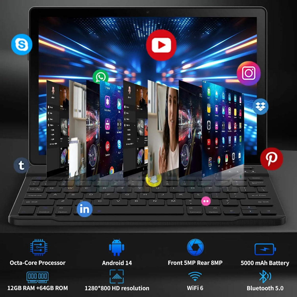 Tableta Android A10L de 10 pulgadas, 12 GB de RAM, 64 GB de ROM, pantalla táctil IPS HD con teclado, estuche, ratón y lápiz óptico, kit de tableta 8 en 1