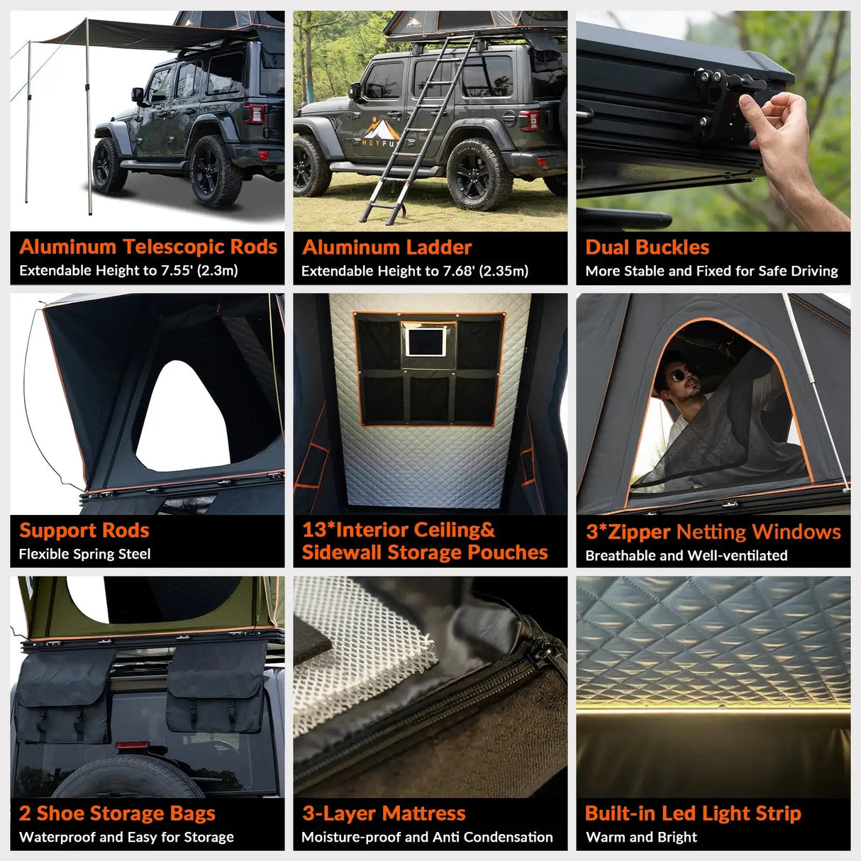 Adventurer Plus Rooftop Tent Hardshell with Side Awning, Air Conditioner Outlet with Bracket, Replaceable Rain Flies - Lootquake