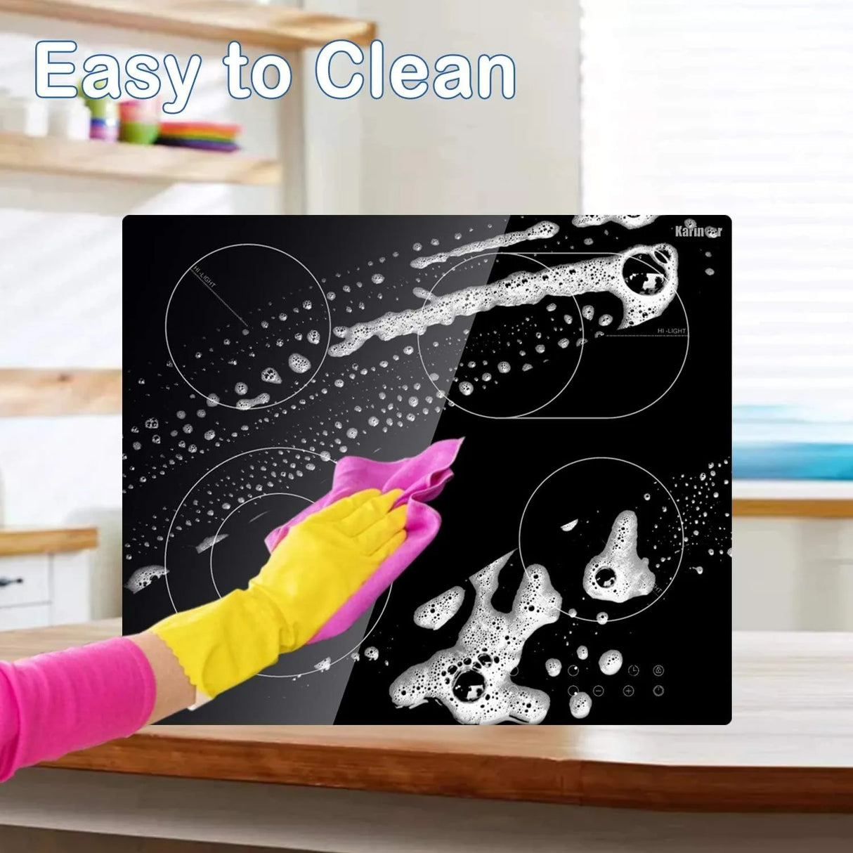 Karinear dispose d'une cuisinière en céramique avec 4 brûleurs intégrés, deux zones extensibles, une table électrique intégrée, une commande tactile, une minuterie