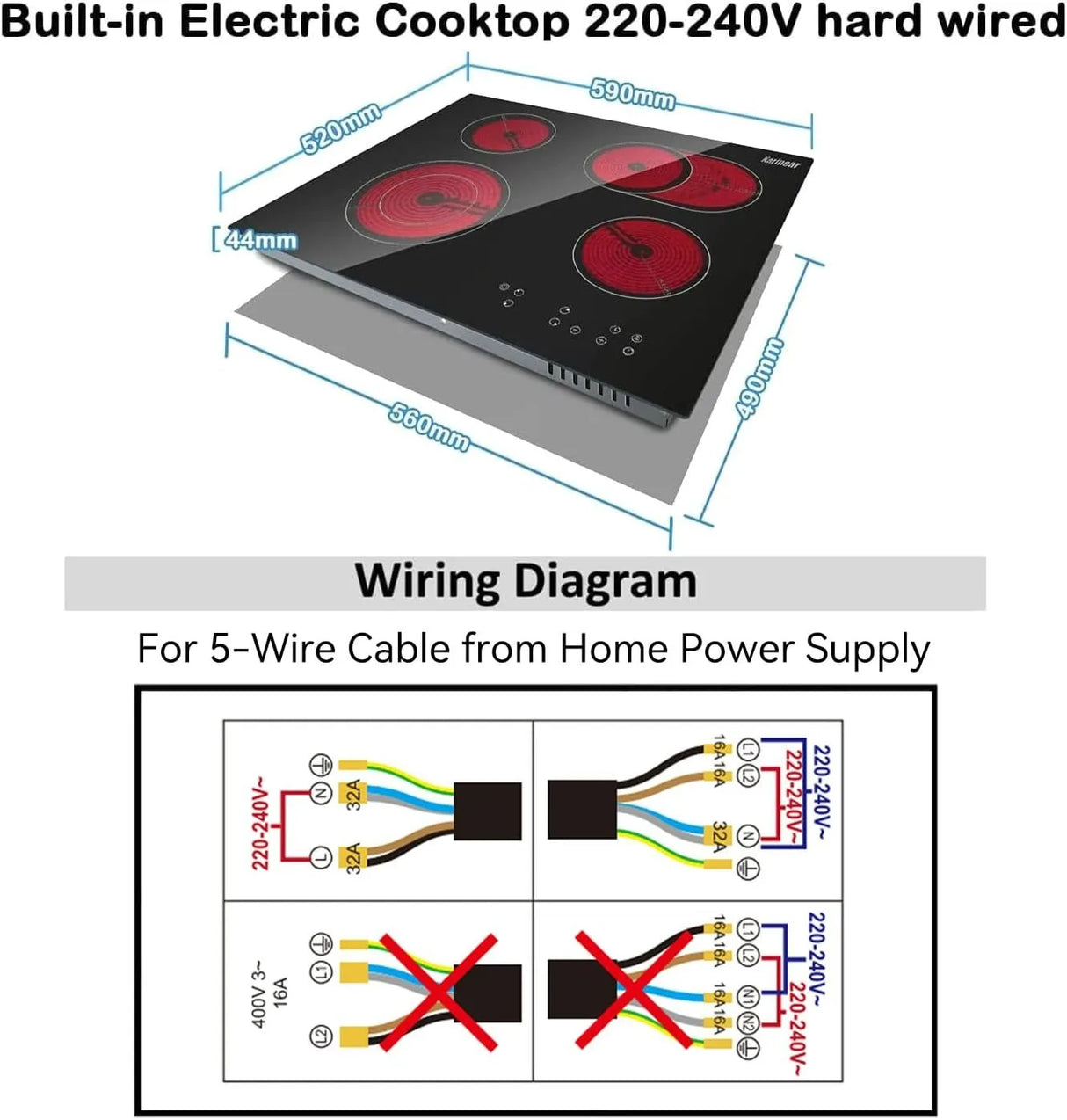 Karinear dispose d'une cuisinière en céramique avec 4 brûleurs intégrés, deux zones extensibles, une table électrique intégrée, une commande tactile, une minuterie