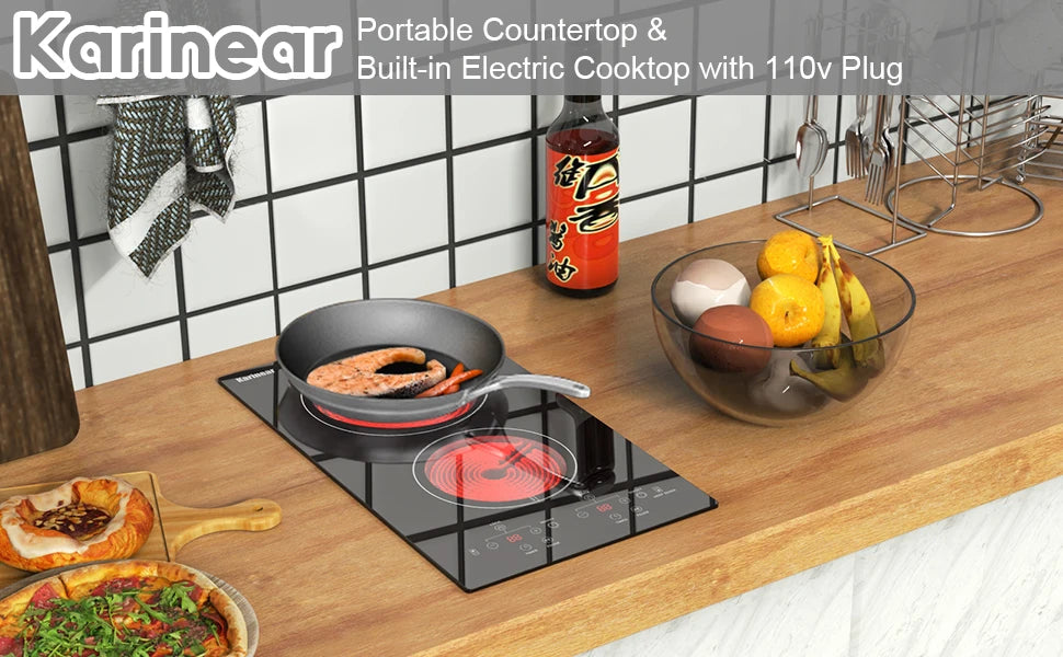 Table de cuisson électrique Karinear à 2 brûleurs, plaque de cuisson en céramique à prise 120 V, plan de travail de 12 pouces et plaque de cuisson électrique intégrée avec protection pour enfants