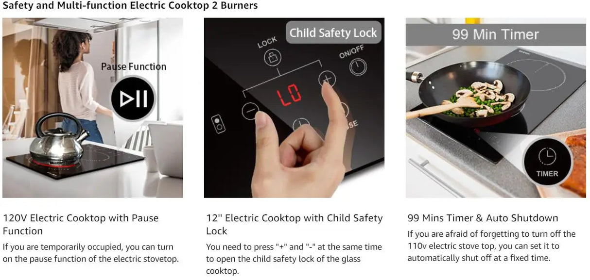 Table de cuisson électrique Karinear à 2 brûleurs, plaque de cuisson en céramique à prise 120 V, plan de travail de 12 pouces et plaque de cuisson électrique intégrée avec protection pour enfants