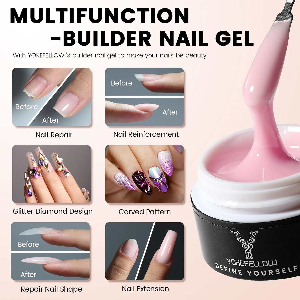 Esmalte de uñas en gel YOKEFELLOW de 15 g, color rosa nude, transparente, para construcción, extensión, remojo, UV LED, acrílico.