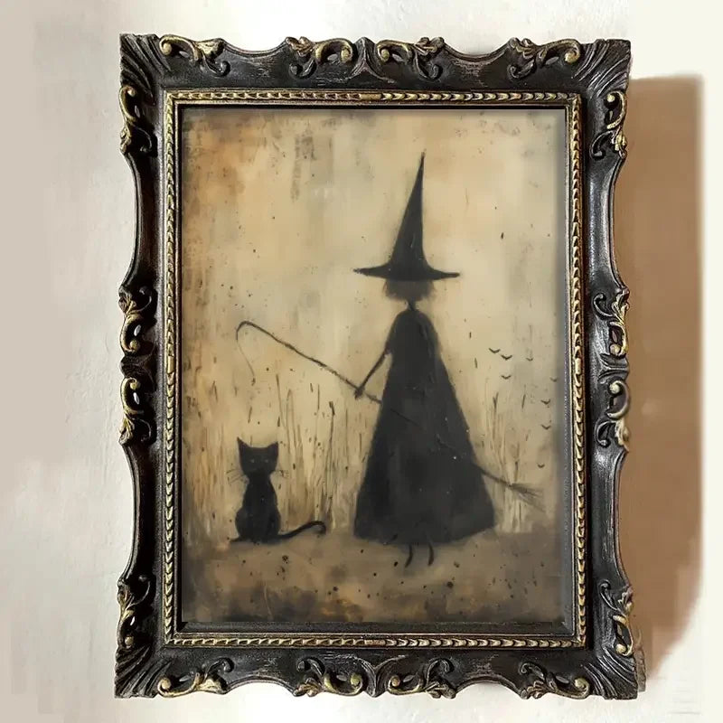 Decoración de pared de fiesta gótica de Halloween espeluznante, lienzo sin marco de 30 x 40 cm con murciélagos, brujas y gatos negros para sala de estar, dormitorio y baño.