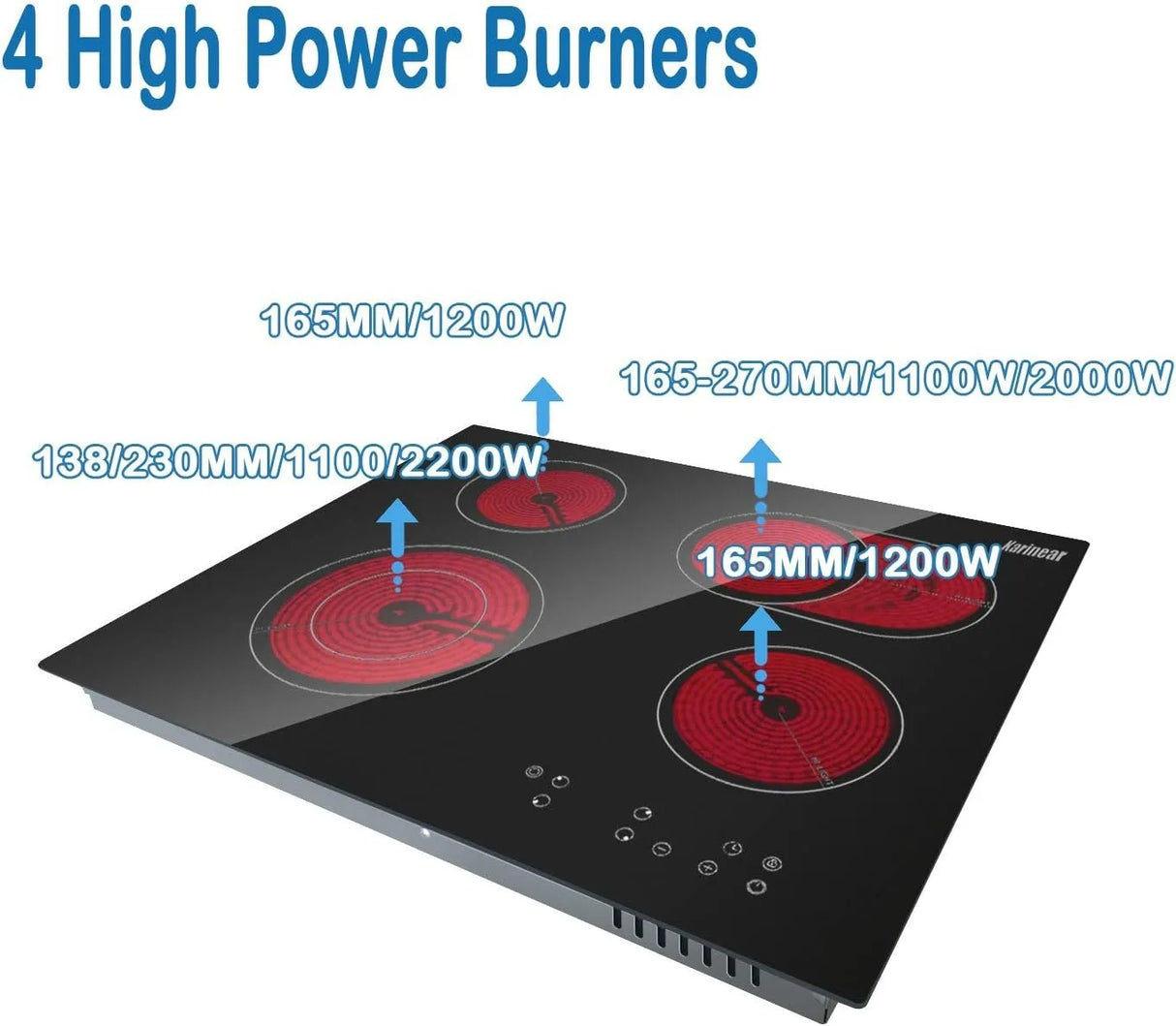 Karinear dispose d'une cuisinière en céramique avec 4 brûleurs intégrés, deux zones extensibles, une table électrique intégrée, une commande tactile, une minuterie