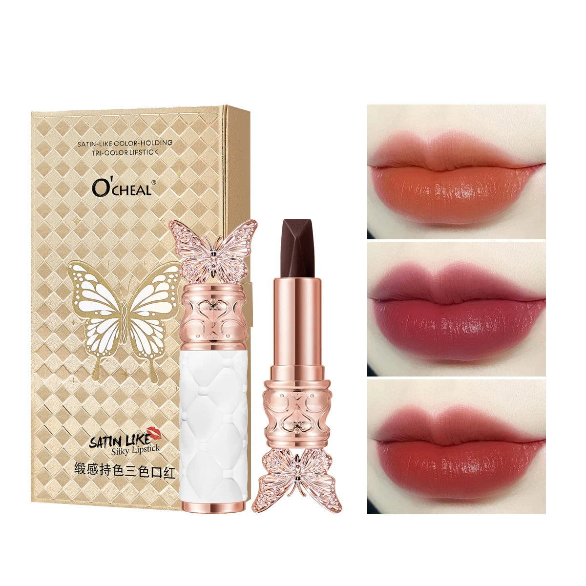 Ocheal Satin-Like Color-Holding Tri-Color Lipstick Waterproof Long Lasting Liquid Lipstick Tint Moisturizing Tear Off Lip Stain