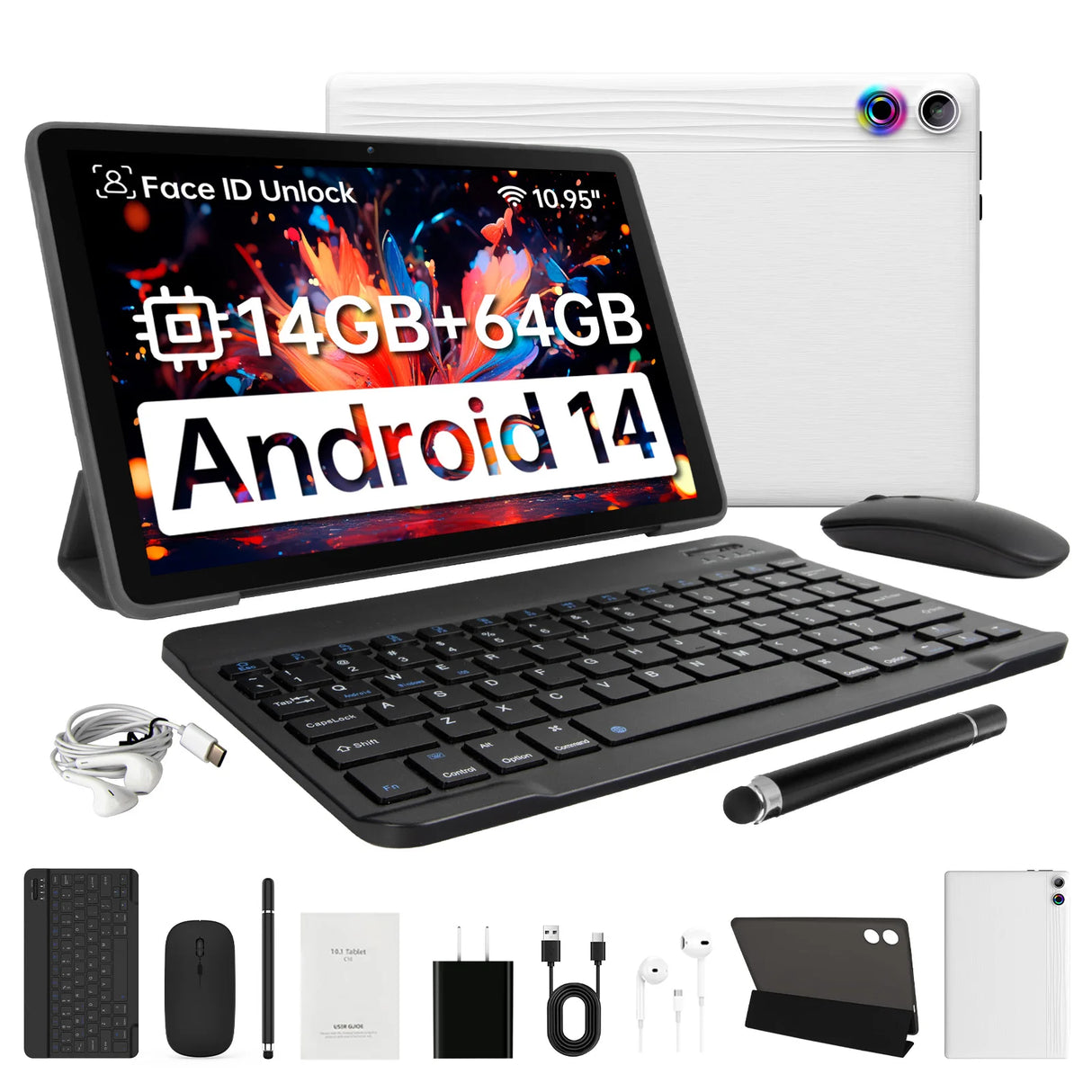 Tableta A7L de 10,1 pulgadas con Android 14, 14 GB de RAM, 64 GB de ROM, procesador de ocho núcleos, HD IPS, WiFi, funda protectora, lápiz, teclado, ratón, auriculares, PC