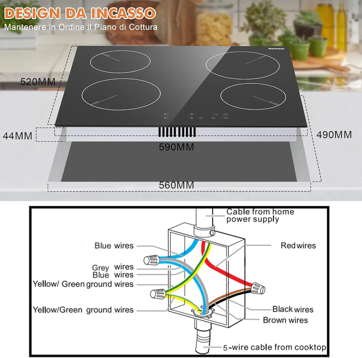 Plaque de cuisson vitrocéramique Karinear 60 cm, 4 zones, 6 000 W, encastrable, 220-240 V, sans prise, verrouillage de sécurité, minuterie, commandes tactiles