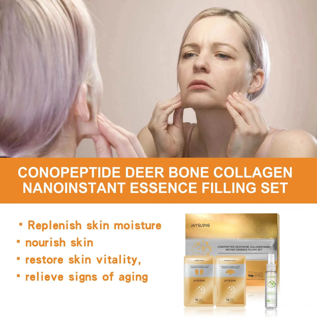 Kit de esencia de colágeno con péptidos de hueso de ciervo, antienvejecimiento, diluye manchas oscuras, líneas finas, reduce poros, blanquea y reafirma, rellena el rostro.