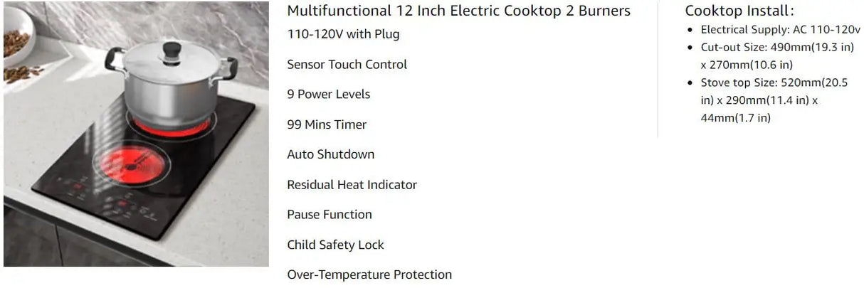 Table de cuisson électrique Karinear à 2 brûleurs, plaque de cuisson en céramique à prise 120 V, plan de travail de 12 pouces et plaque de cuisson électrique intégrée avec protection pour enfants