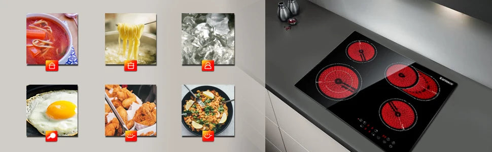 Karinear dispose d'une cuisinière en céramique avec 4 brûleurs intégrés, deux zones extensibles, une table électrique intégrée, une commande tactile, une minuterie