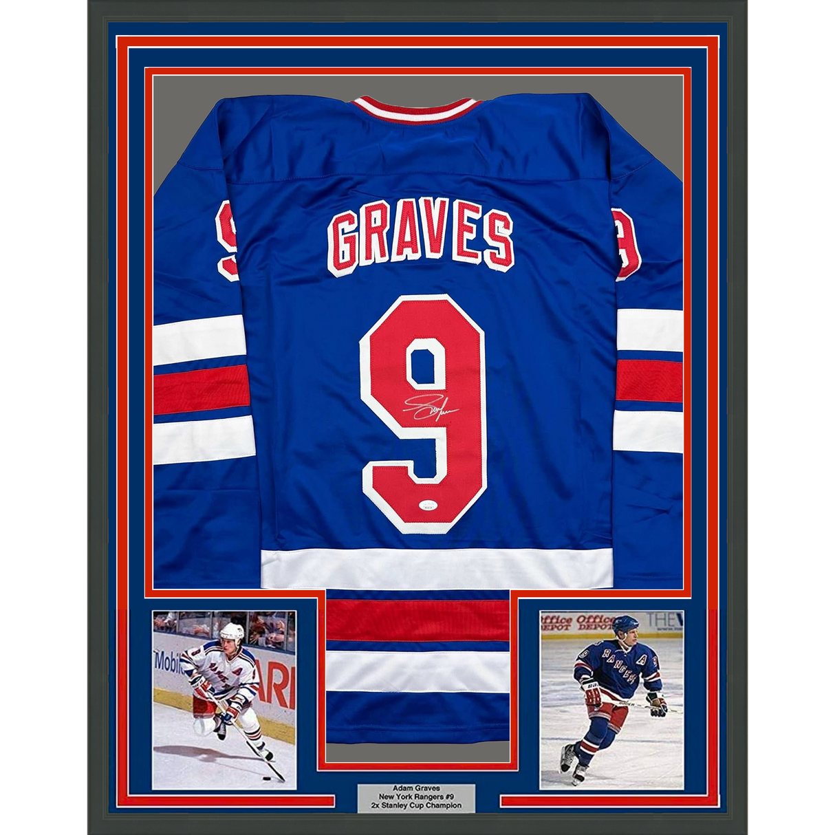 Camiseta de hockey azul de Nueva York Beckett BAS COA enmarcada, autografiada y firmada por Adam Graves, 35 x 39