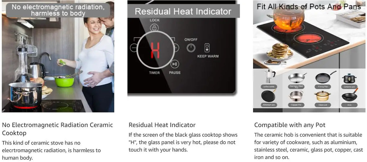Table de cuisson électrique Karinear à 2 brûleurs, plaque de cuisson en céramique à prise 120 V, plan de travail de 12 pouces et plaque de cuisson électrique intégrée avec protection pour enfants
