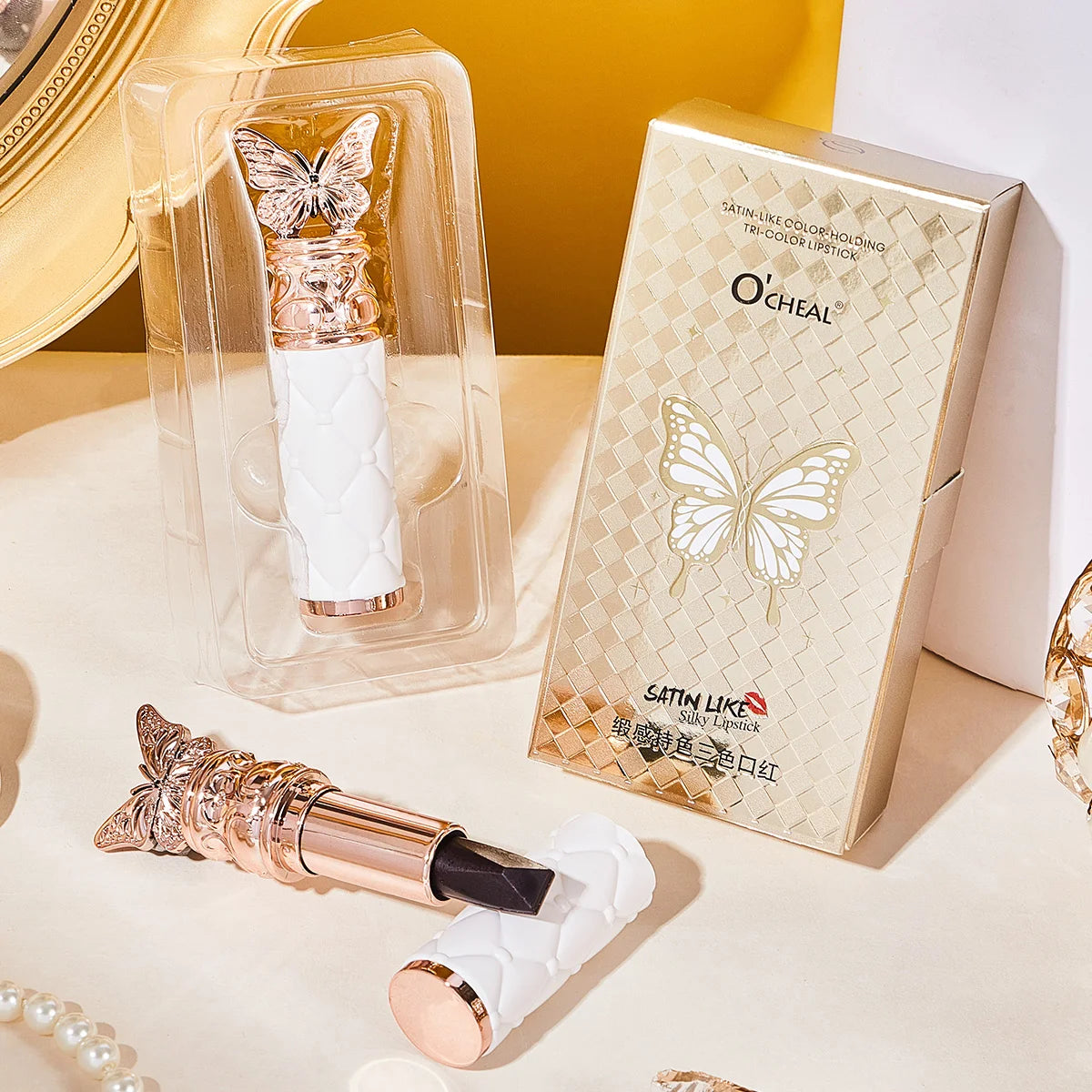 Ocheal Satin-Like Color-Holding Tri-Color Lipstick Waterproof Long Lasting Liquid Lipstick Tint Moisturizing Tear Off Lip Stain