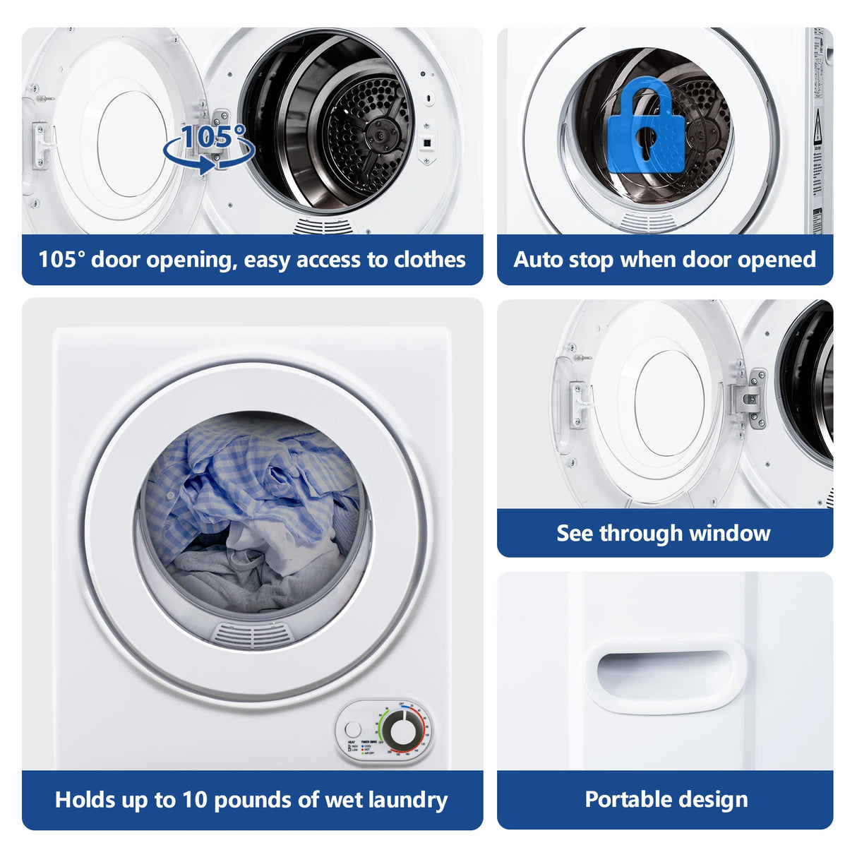 Sèche-linge compact SIMZLIFE 110 V 850 W, capacité de 1,5 pi³, cuve en acier inoxydable, pour camping-cars et appartements, 3 modes de séchage