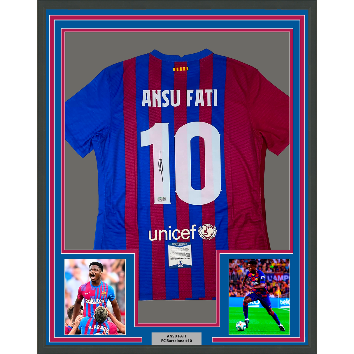 Camiseta de fútbol azul del FC Barcelona Beckett BAS COA enmarcada y autografiada de Ansu Fati (35 x 39)