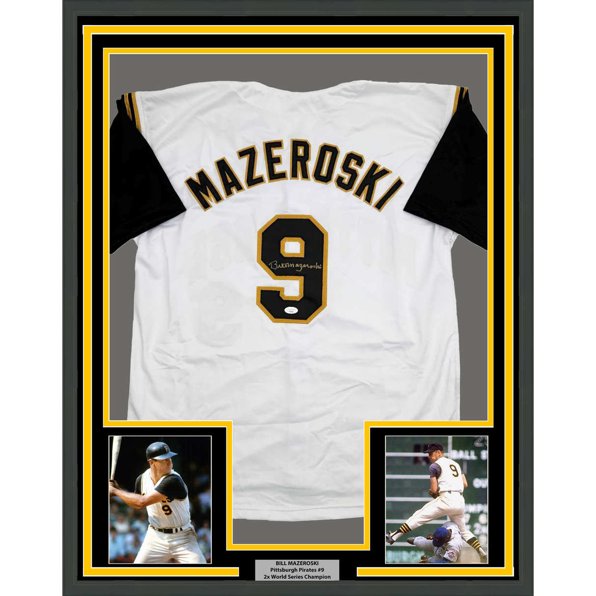 Framed Autographed/Signed Bill Mazeroski 35x39 Pittsburgh White Baseball Jersey JSA COA