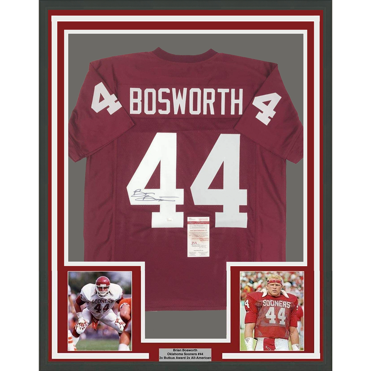 Framed Autographed/Signed Brian Bosworth 35x39 Oklahoma Red College Football Jersey JSA COA