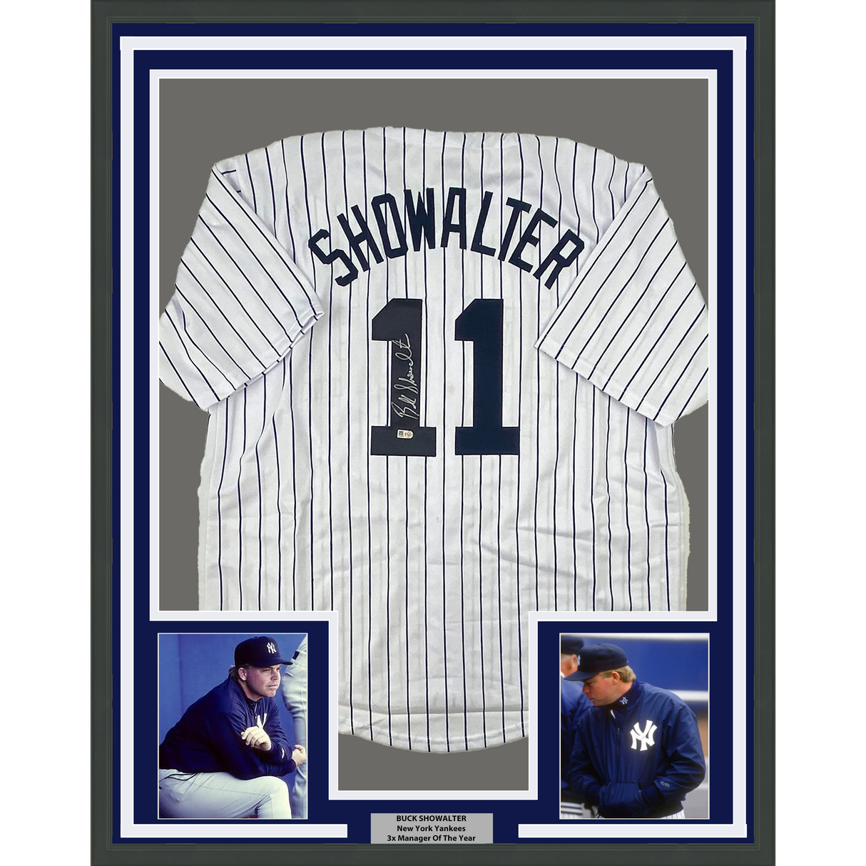 Camiseta de béisbol de rayas de Nueva York de Buck Showalter, enmarcada, autografiada y firmada, 35 x 39, MLB COA