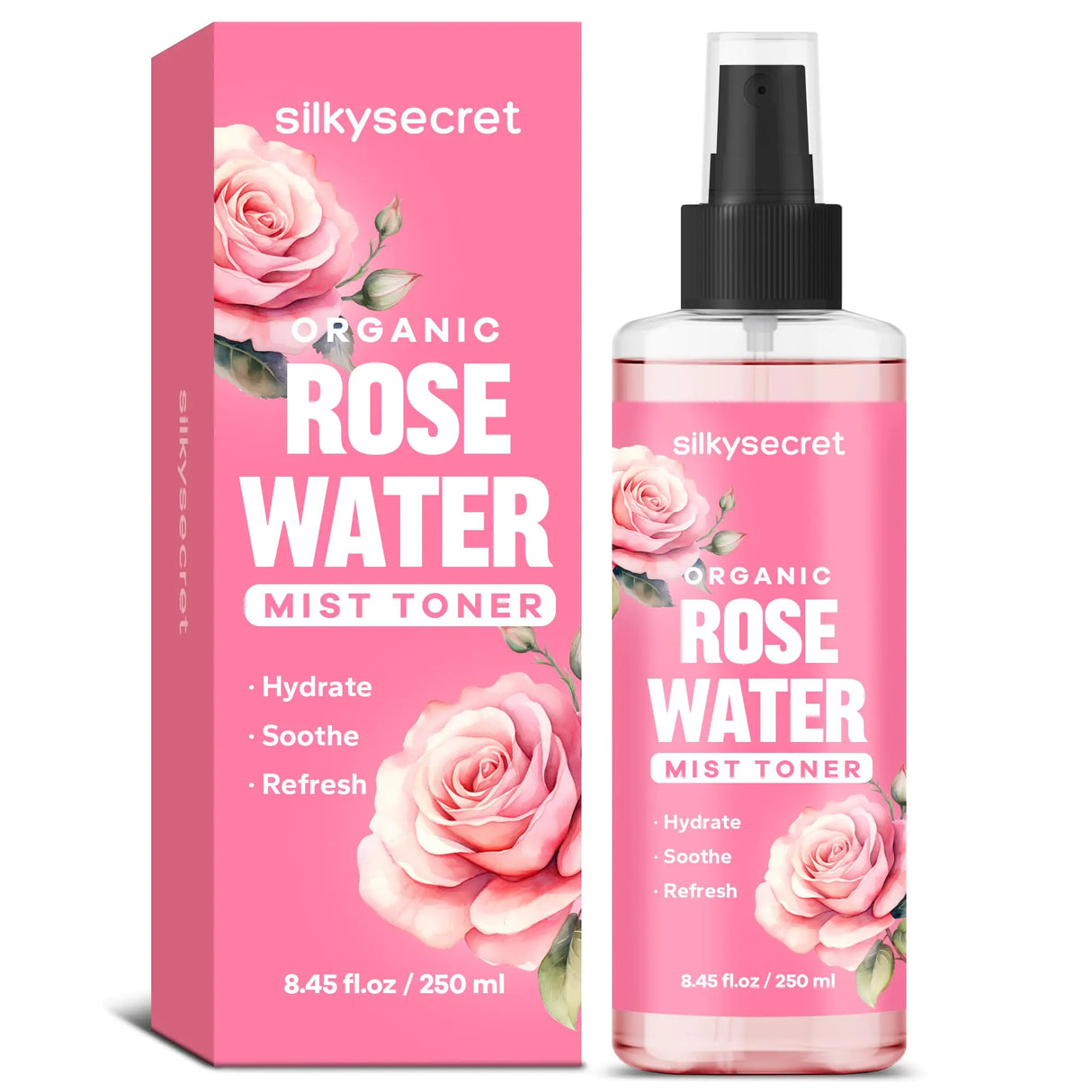 Spray de agua de rosas orgánica SilkySecret (8.45 onzas líquidas) Spray de agua de rosas para rostro y cabello Bruma facial hidratante Tónico Agua de rosas para el cuidado de la piel