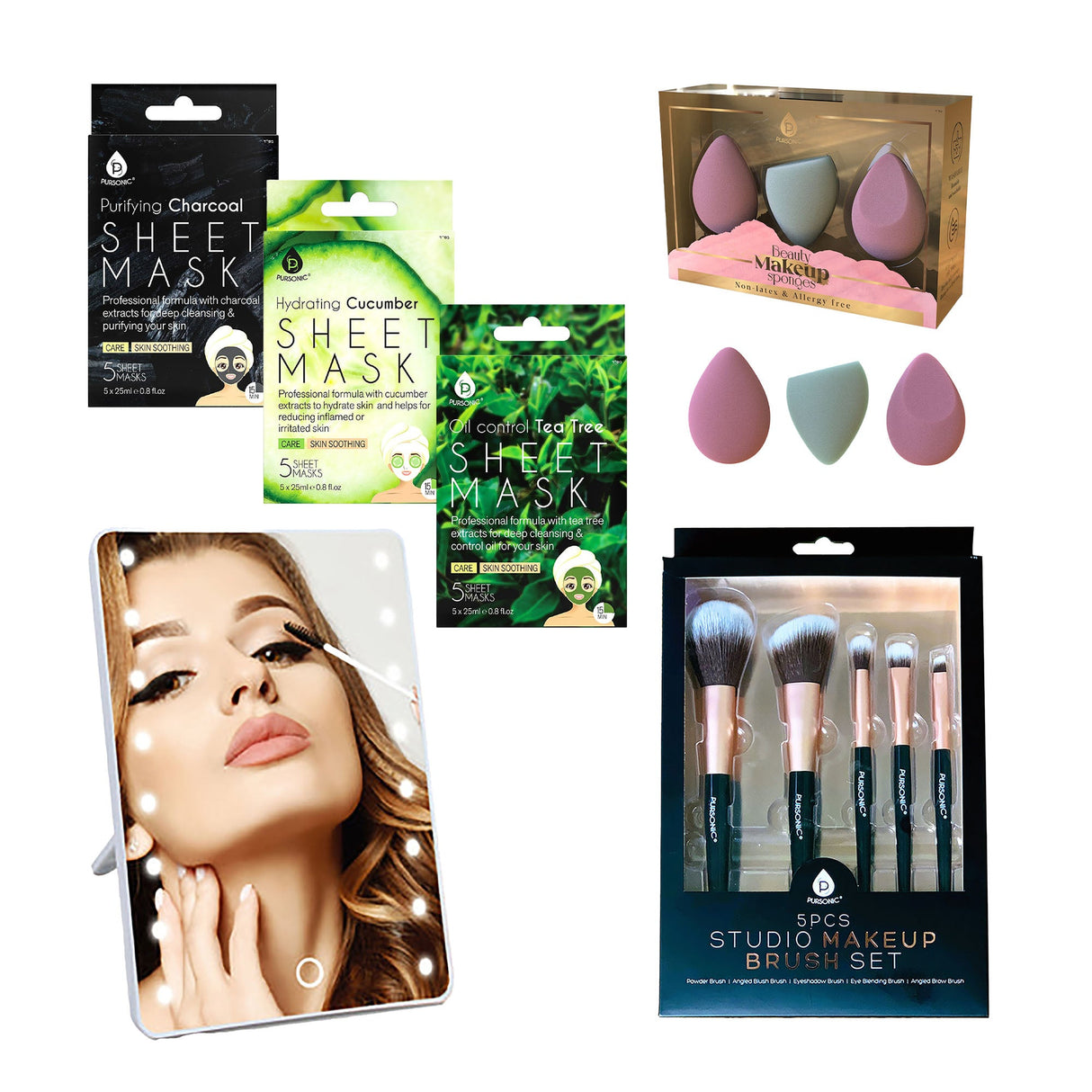 Paquete de cuidado personal Pursonic Beauty Essentials: set de brochas de estudio, espejo táctil, esponjas y mascarillas de tela