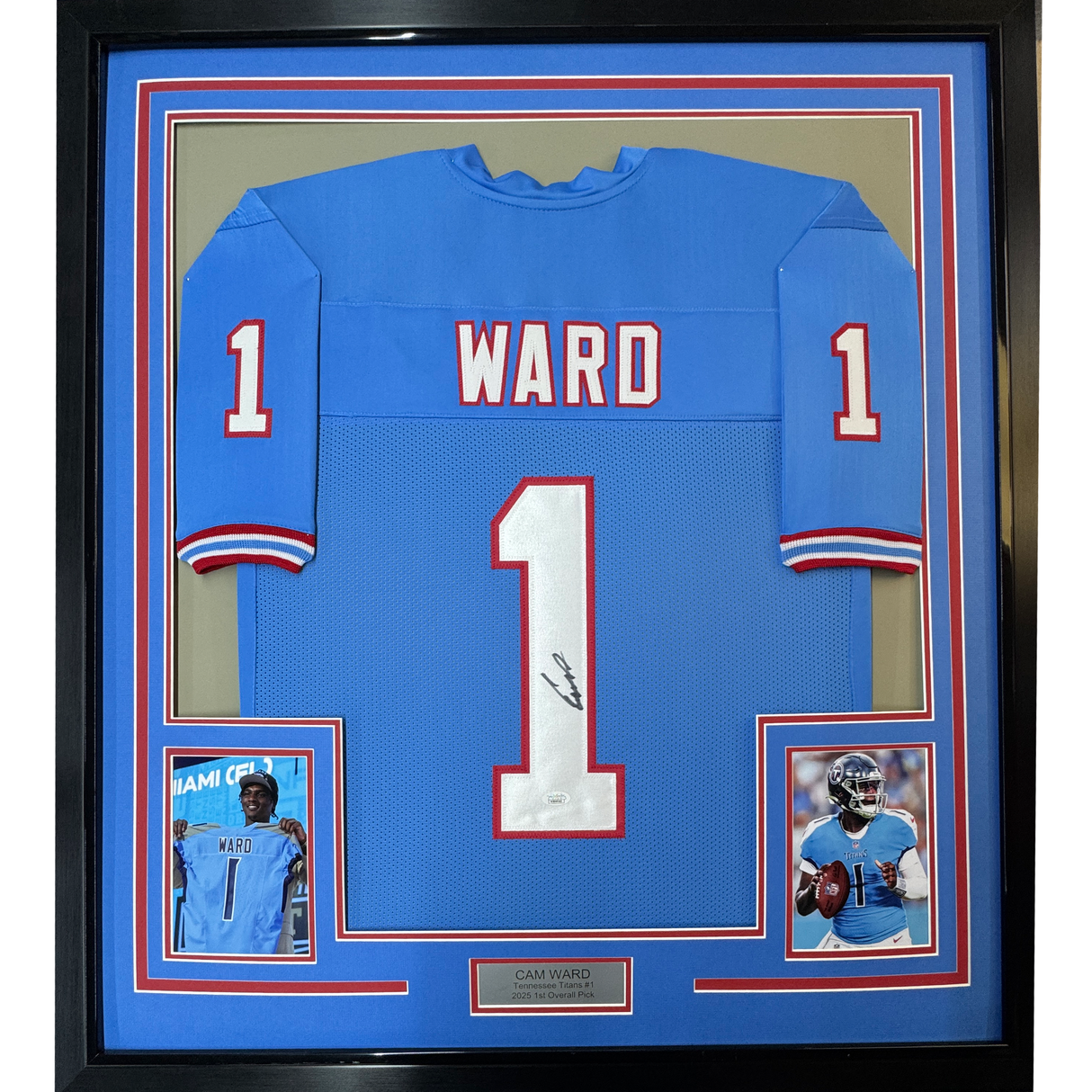 Framed Autographed/Signed Cameron Cam Ward 35x39 Tennessee Retro Light Blue Football Jersey JSA COA
