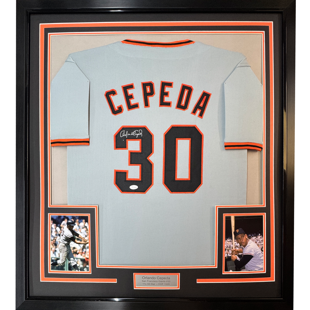 Framed Autographed/Signed Orlando Cepeda 35x39 San Francisco Grey Baseball Jersey JSA COA