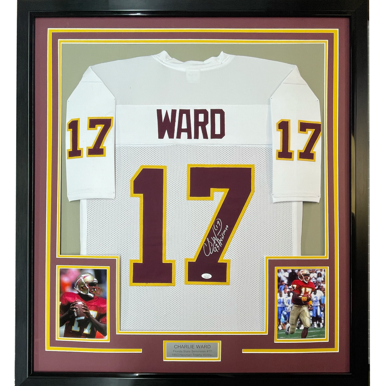 Camiseta de fútbol americano universitario enmarcada, autografiada y firmada por Charlie Ward, 35 x 39, 93 Heisman, Florida State FSU, color blanco, JSA COA