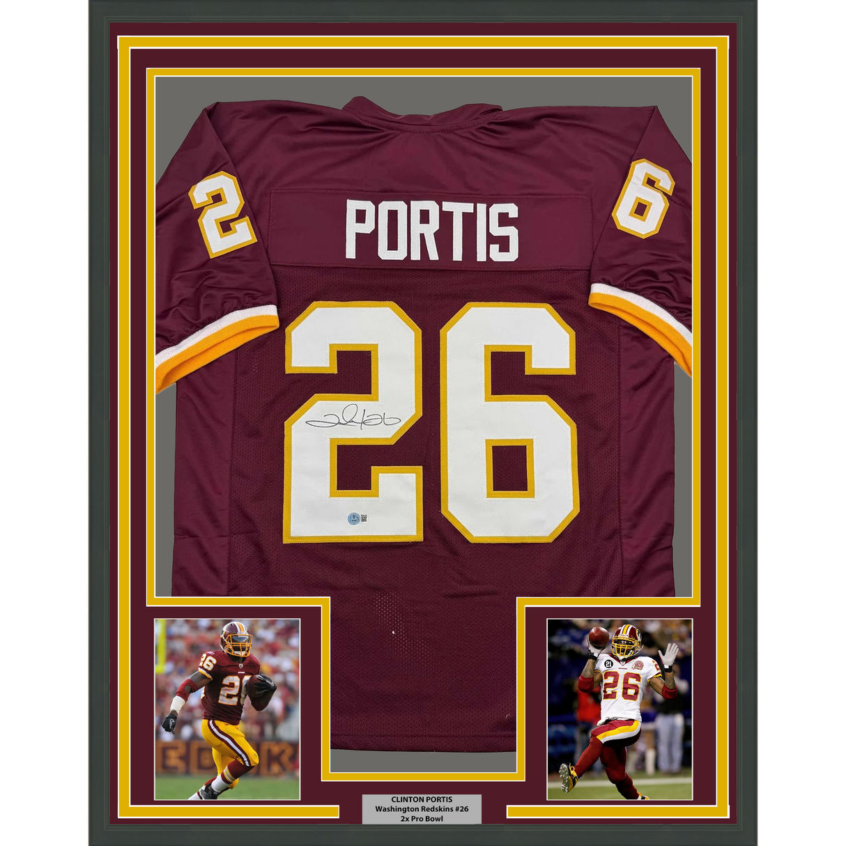 Framed Autographed/Signed Clinton Portis 35x39 Washington Burgundy Football Jersey Beckett BAS COA