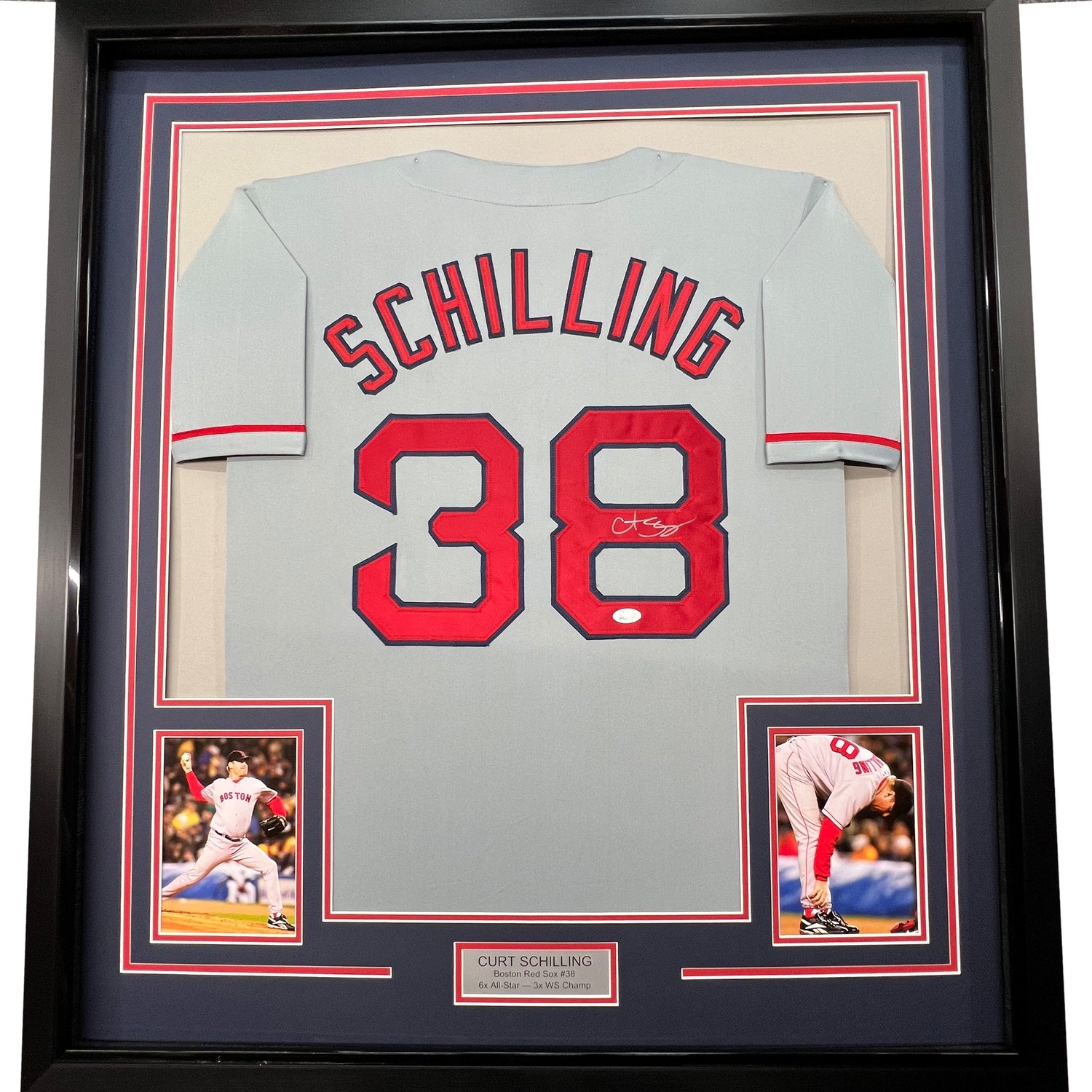 Camiseta de béisbol enmarcada, autografiada y firmada por Curt Schilling, 35 x 39, color gris Boston, JSA COA
