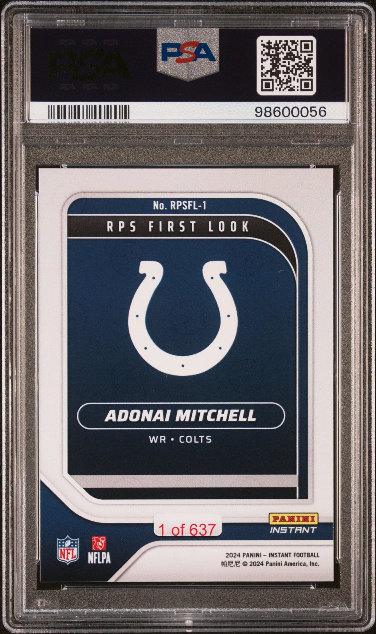 Graded 2024 Panini Instant NFL Adonai Mitchell #RPSFL1 RPS First Look Rookie RC Football Card PSA 9 Mint