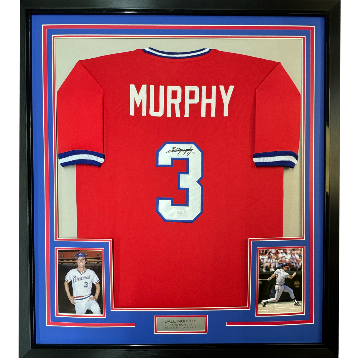 Camiseta de béisbol enmarcada, autografiada y firmada por Dale Murphy, 35 x 39, color rojo Atlanta, JSA COA