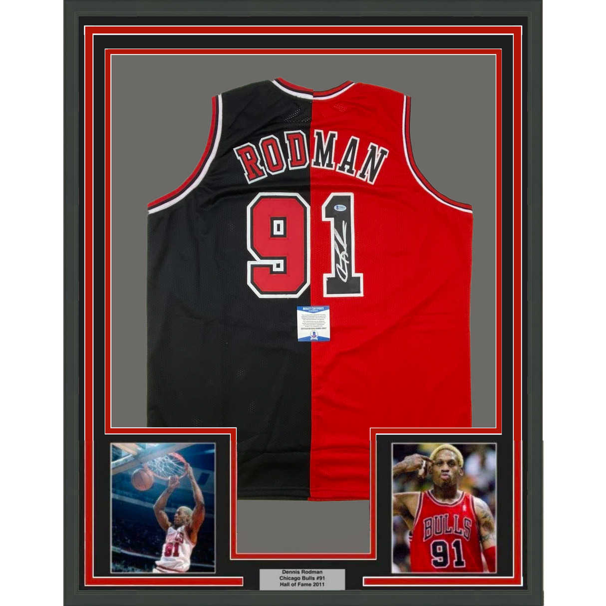Framed Autographed/Signed Dennis Rodman 35x39 Chicago Split Red/Black Basketball Jersey Beckett BAS COA
