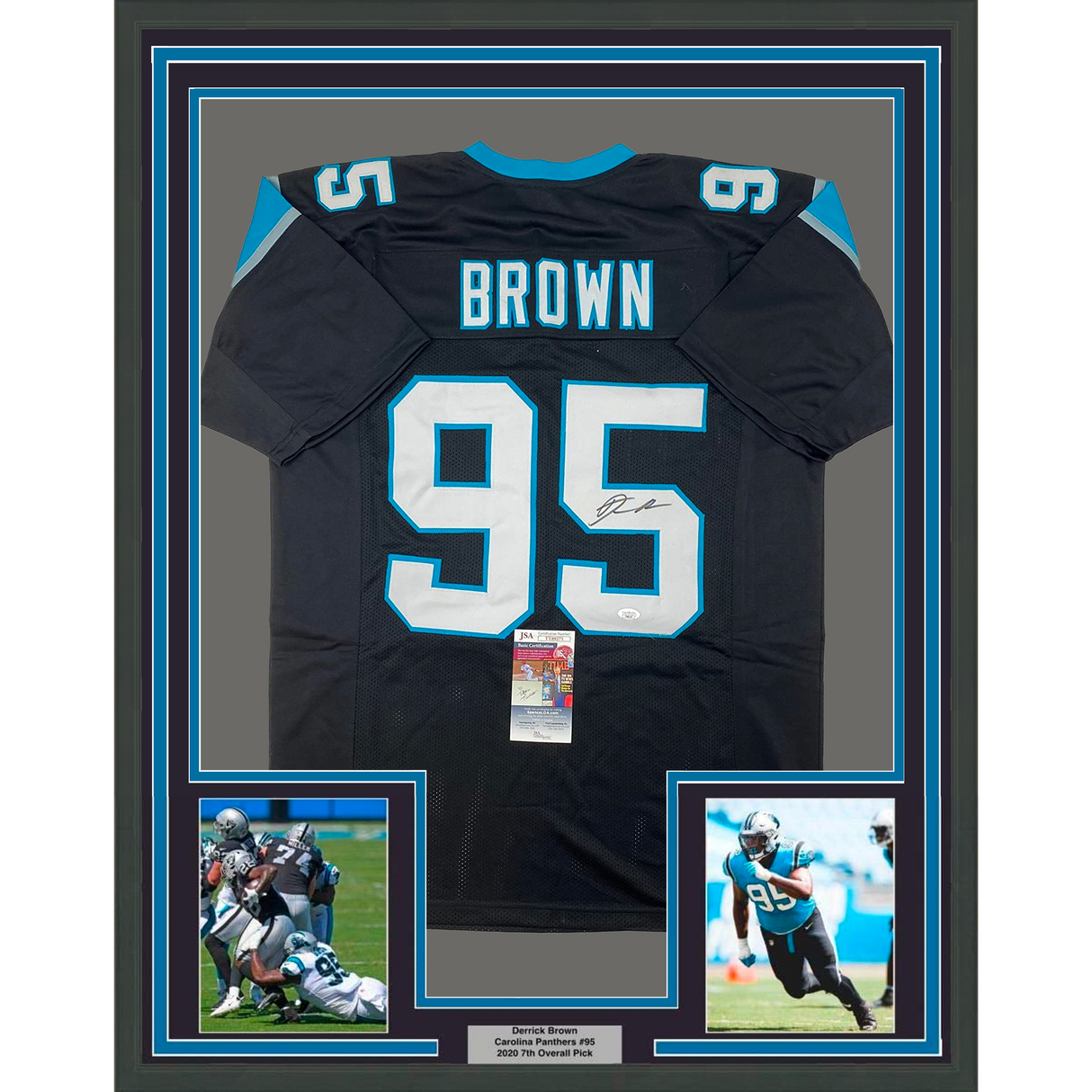 Camiseta de fútbol americano Carolina Black de Derrick Brown, enmarcada, autografiada y firmada, 35 x 39, JSA COA