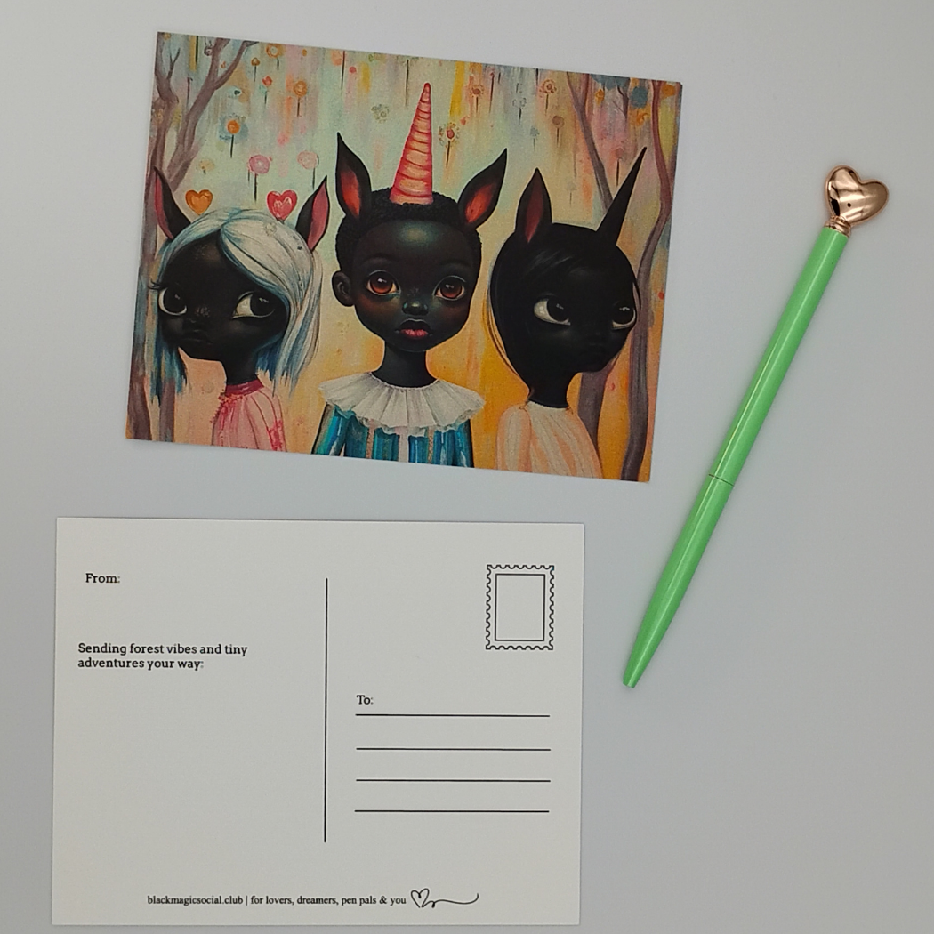 Black Art Postcard | Black Girl Unicorns + Forest Fantasy artwork