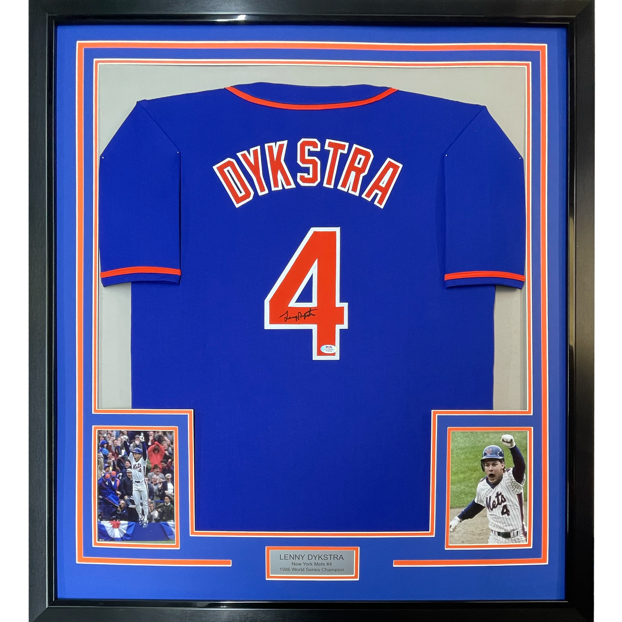 Camiseta de béisbol azul de Nueva York de 35 x 39, enmarcada, autografiada y firmada por Lenny Dykstra (JSA COA)